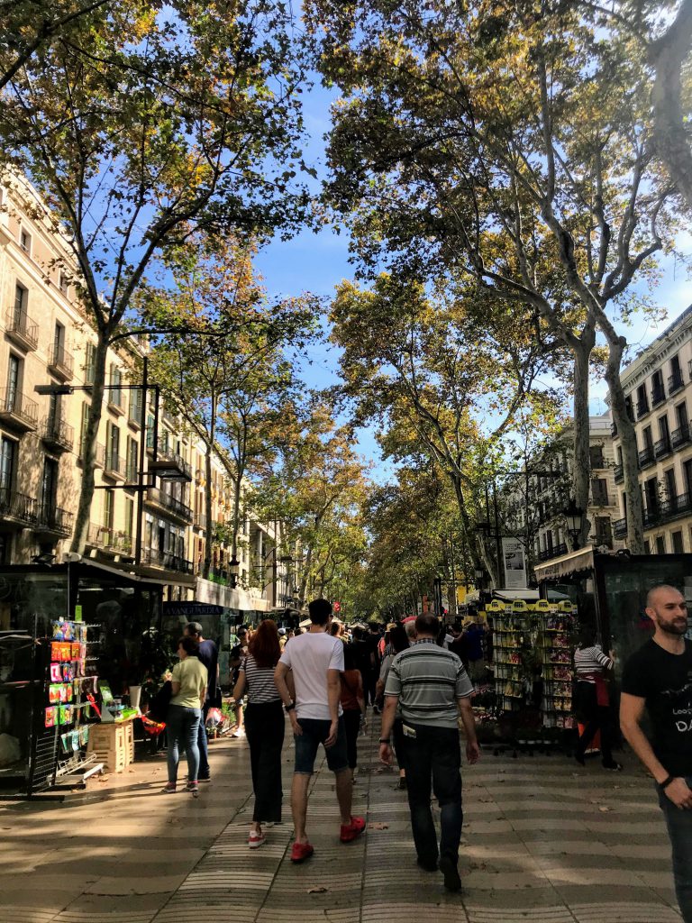 Looking down the famous street of Las Ramblas in the Gothic Quarter of Barcelona, Spain.