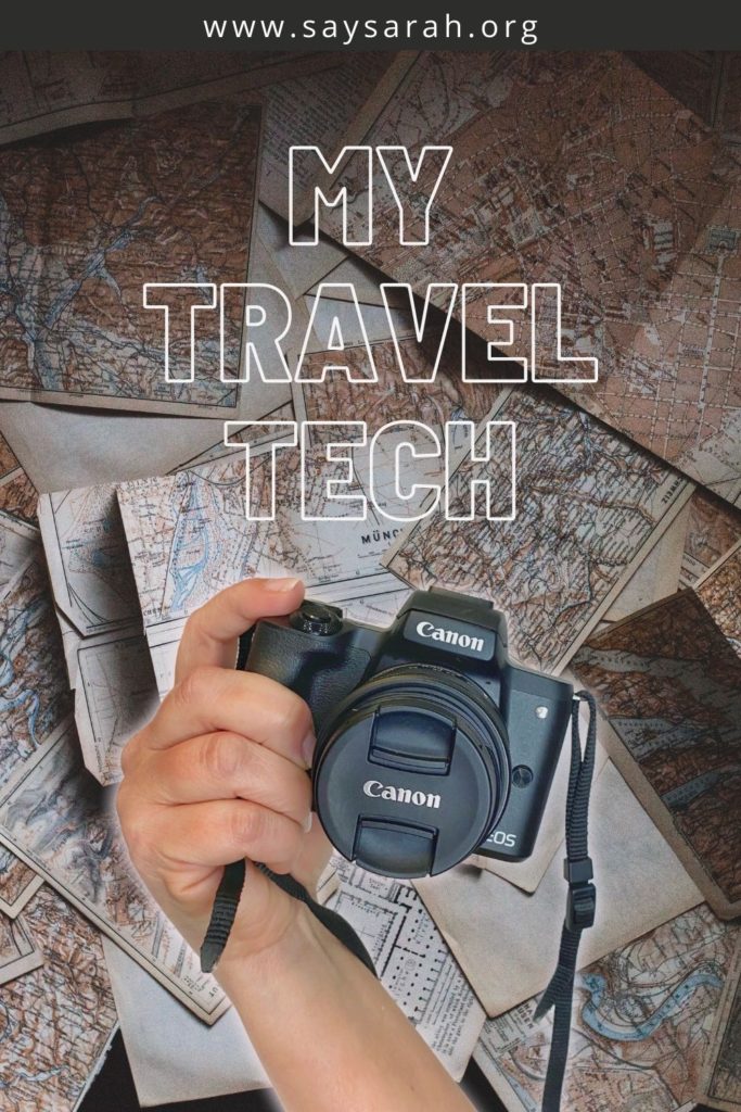 a hand holding a Canon M50 camera with the words My Travel Tech