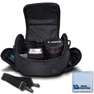 Camera bag showing it's storage with a camera and lenses and extra strap essential while traveling.