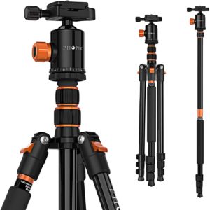 A heavy duty tripod showing it's different features. Tripod perfect for traveling.