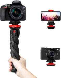 A handheld tripod for cameras and phones showing it's different uses.