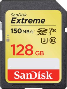 A 128 GB SanDisk memory card - a necessity for travel.