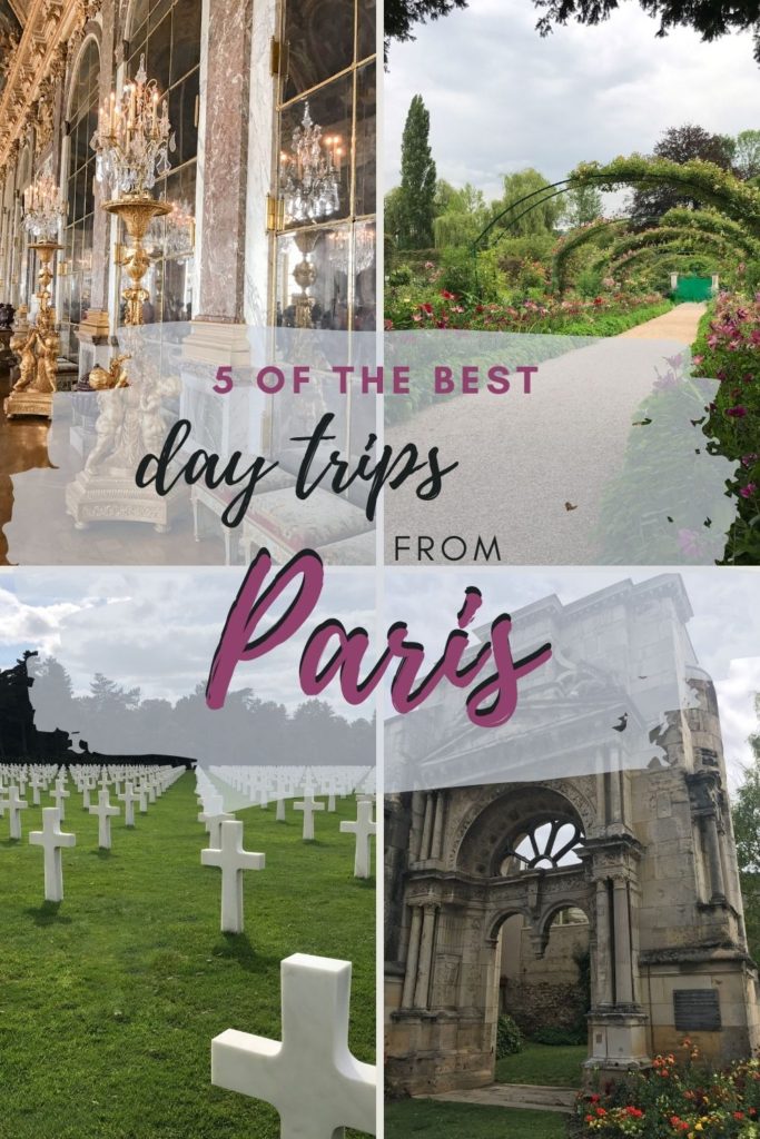 A collage of pictures from locations outside of Paris, France such as Epernay, Hall of Mirrors, Monet's Garden, and Normandy.