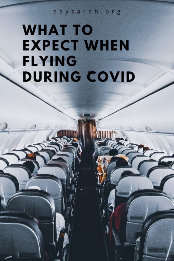 Graphic on the isle of an empty plane stating "what to expect when flying during COVID"