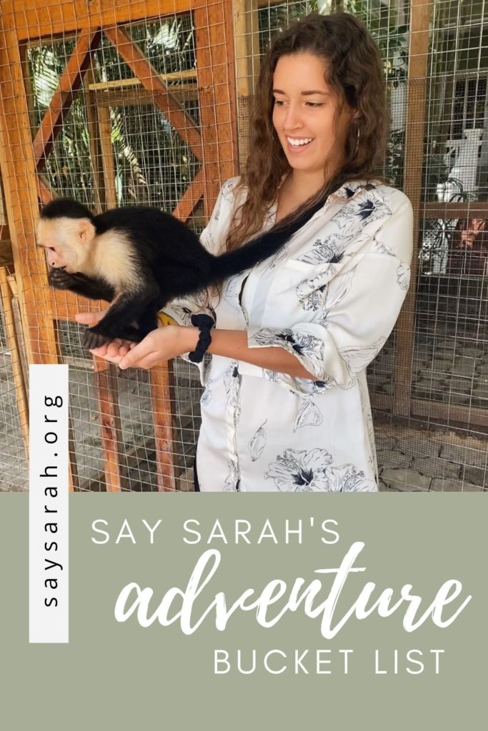 A graphic of Sarah (the author) holding a monkey with the words blowing stating "Say Sarah's Adventure Bucket List".