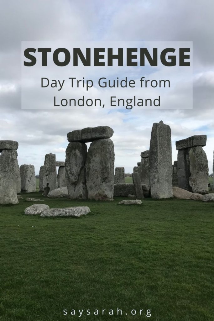 Pinterest graphic stating "Stonehenge Day Trip Guide from London, England" with an image of Stonehenge in the background.