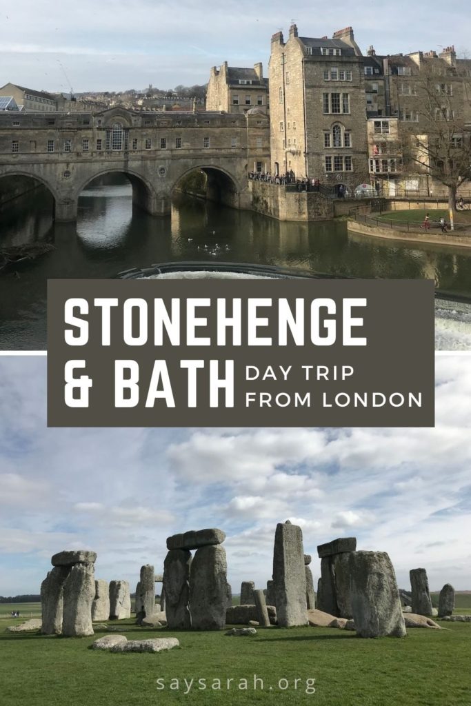 A Pinterest graphic titled "Stonehenge and Bath - Day trip from London" with an image of Bath and Stonehenge in the background.
