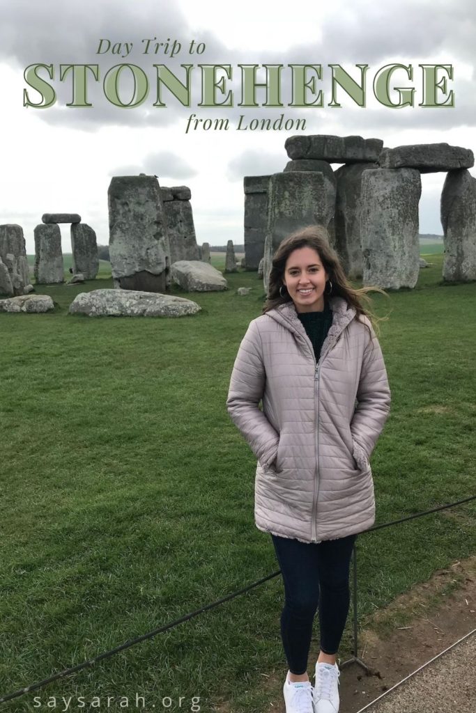 A Pinterest graphic titled "Day trip to Stonehenge from London" with an image of me, Say Sarah, standing in front of Stonehenge in the background.