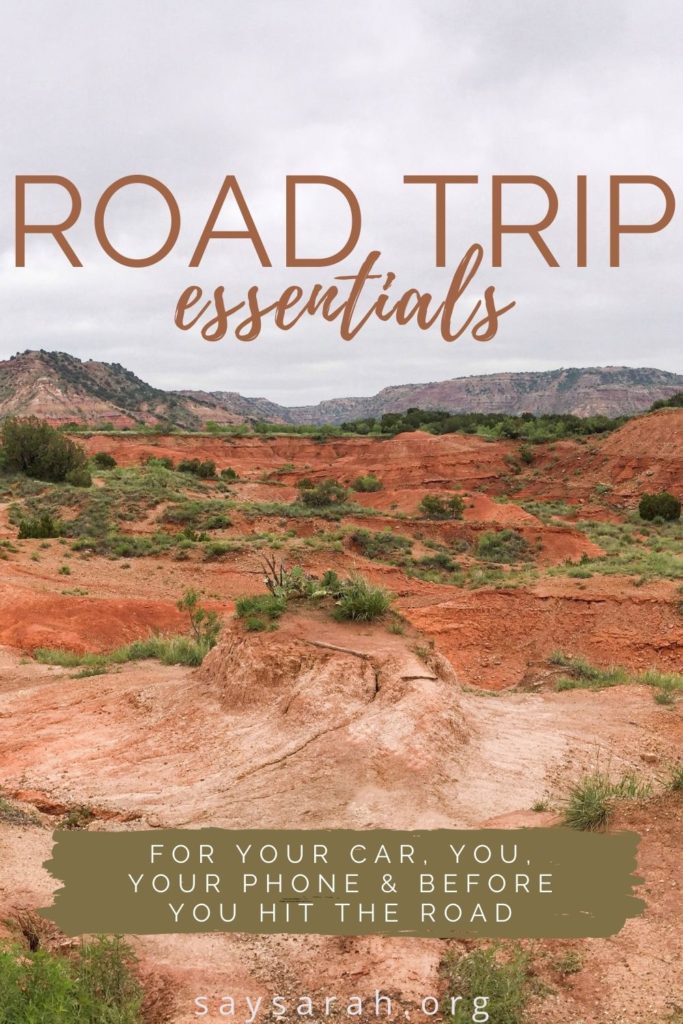 Road Trip pin graphic with the title "Road Trip Essentials" with a picture of a desert in the background.