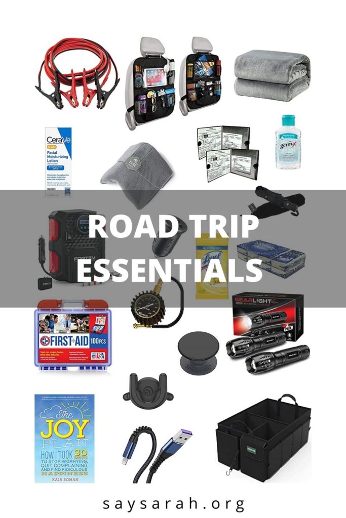 A pin graphic titled "Road Trip Essentials" with a collage of pictures of everything you need for a road trip in the background.