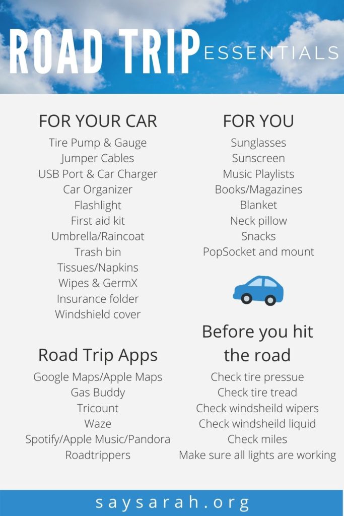 A checklist graphic pin titled "Road Trip Essentials" with items for your car, for you, apps for your phone, and things to do before you hit the road.