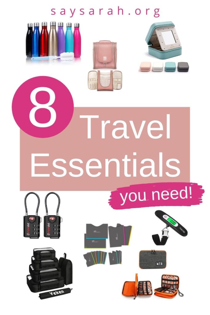 A Pinterest graphic with images of packing cubes, locks, luggage scales, etc. in the background titled "8 Travel Essentials you need!"