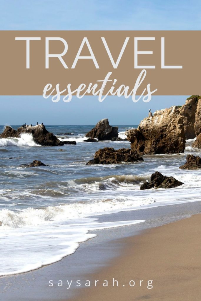 A Pinterest graphic with a beach in the background titled "Travel Essentials"