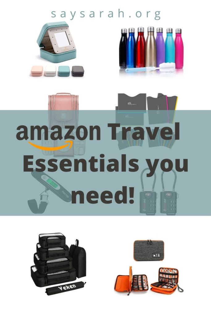 A Pinterest graphic with images of luggage locks, luggage cubes, and jewelry organizers etc. the background titled "Amazon Travel Essentials you need!"