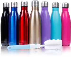 A line of reusable water bottles of all different colors.