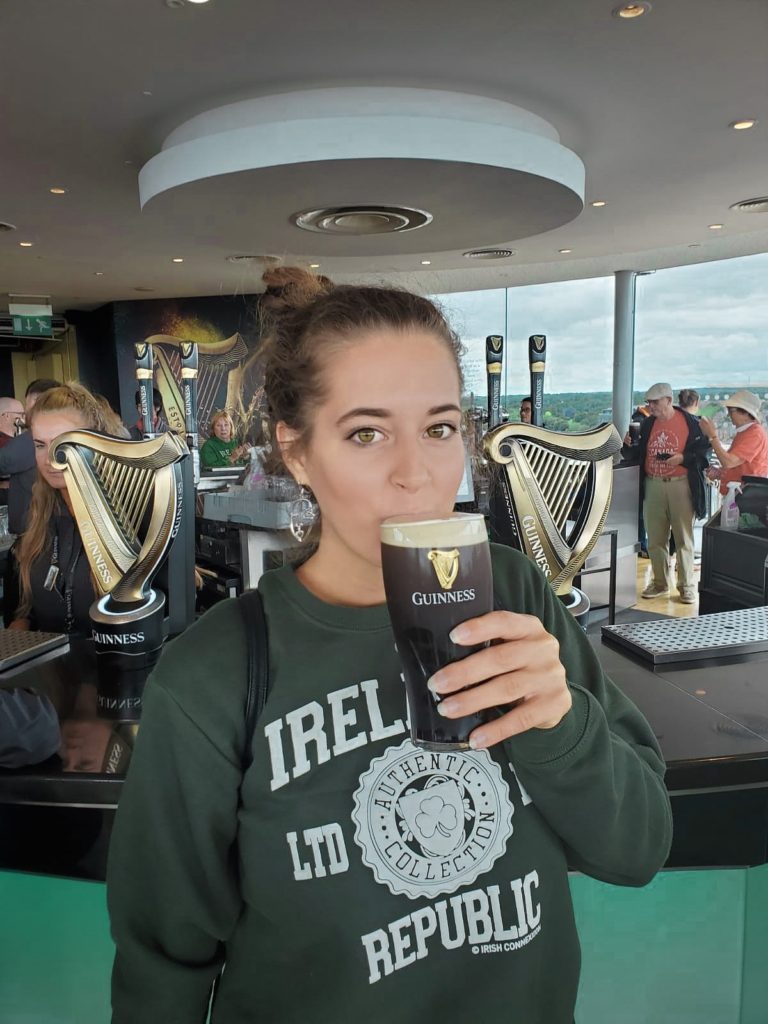 Me, Sarah, sipping on a pint of Guinness at the end of the tour of the Guinness Storehouse.