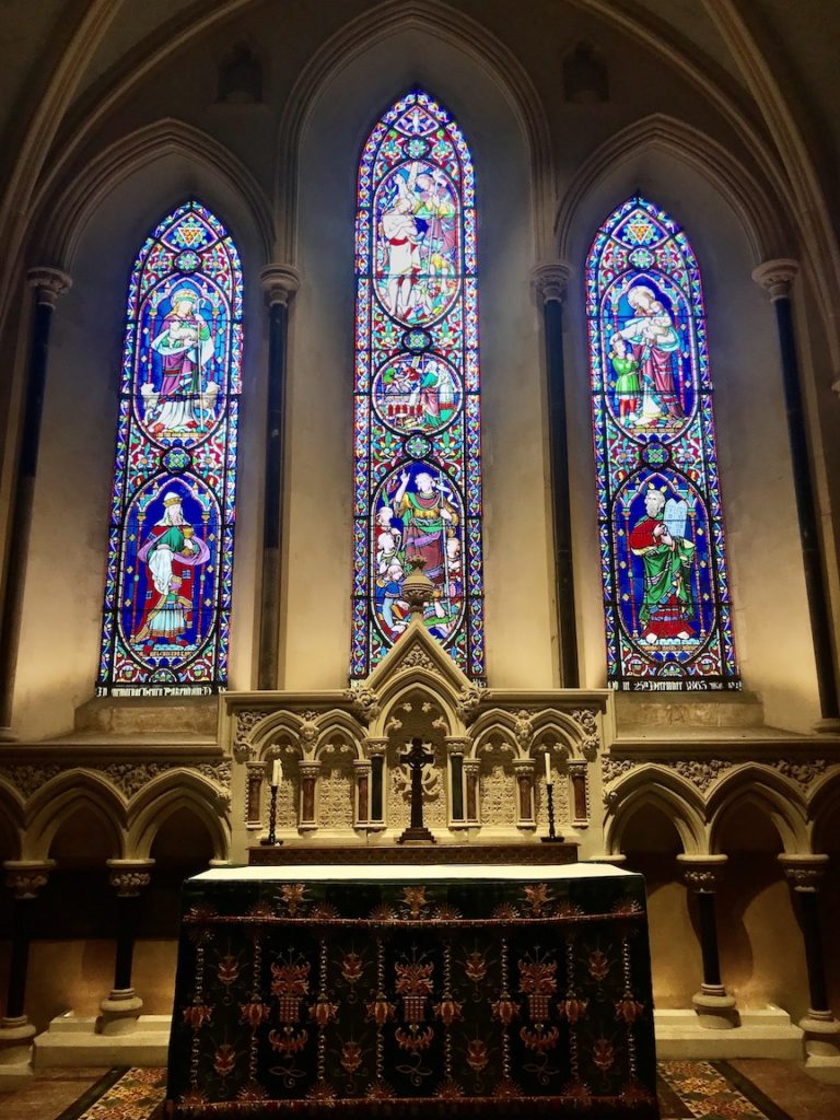 Indoor view of the stained glass windows in St Patricks Cathedral in the capital of Ireland - Dublin.