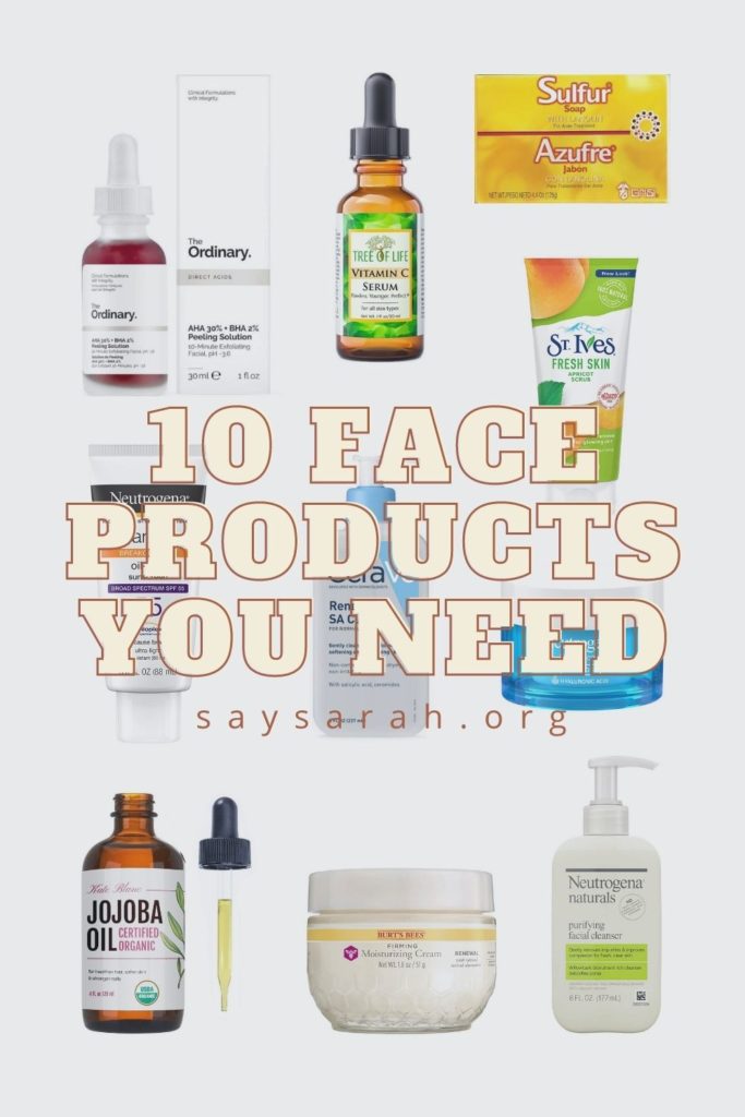 A pinnable graphic representing the blog titled "10 face products you need"