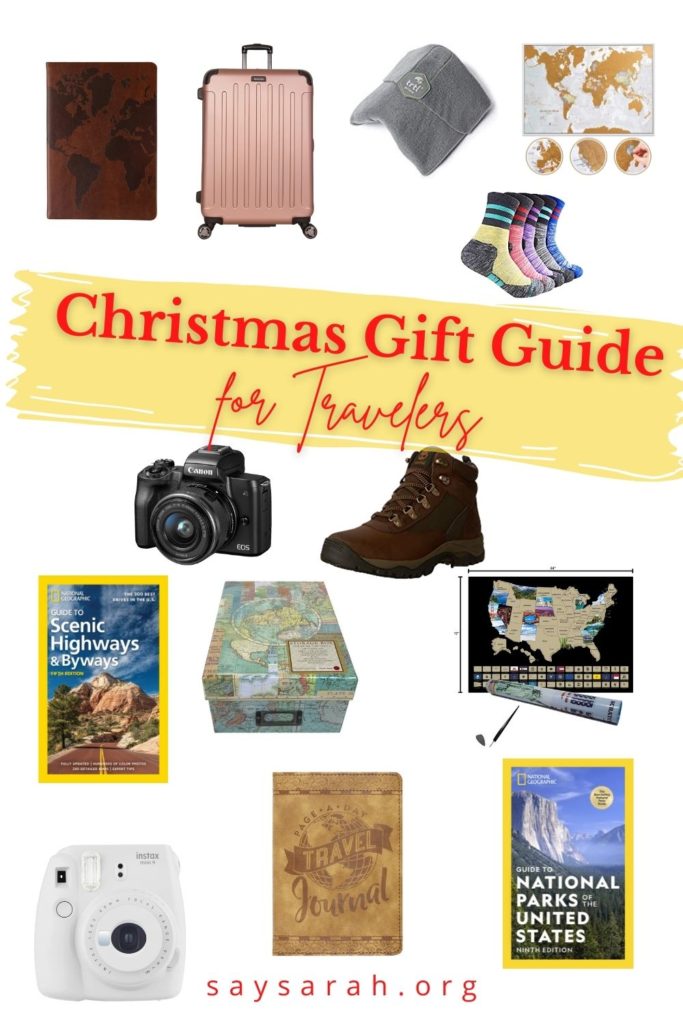 A pinnable image to represent this blog titled "Christmas Gift Guide for travelers" with images of all of the ideas surrounding.