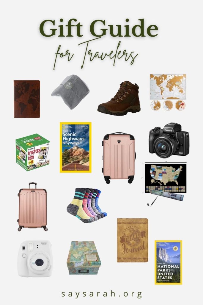 A pinnable image to represent this blog titled "Gift Guide for travelers" with images of all of the ideas surrounding.
