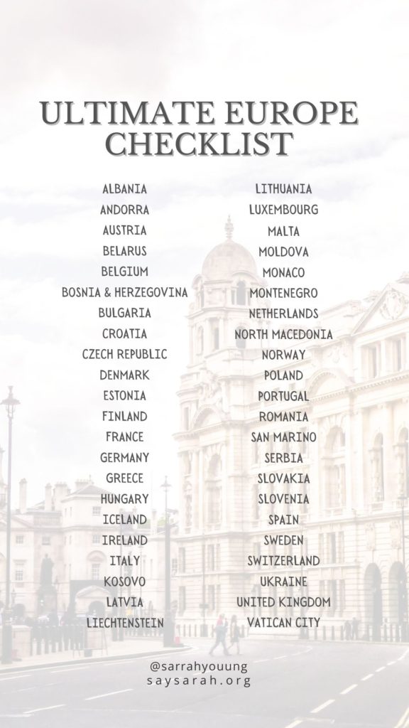 A checklist of all 44 countries for the Europe.