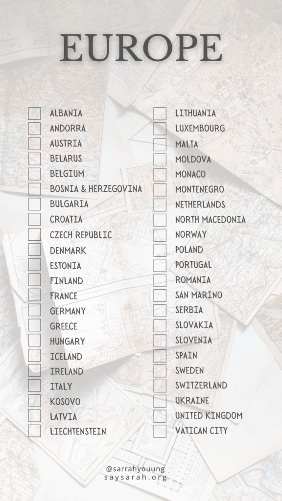 A checklist of all 44 countries for the Europe.