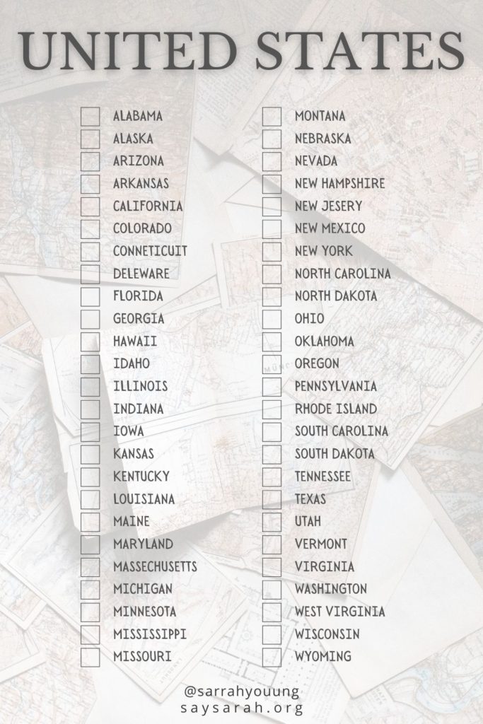 A United States checklist with all 50 states.