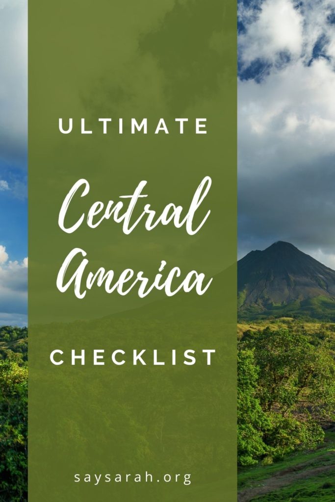 A pinnable image to represent the blog titled "Ultimate Central America Checklist" with an image of the Costa Rican volcano in the background.