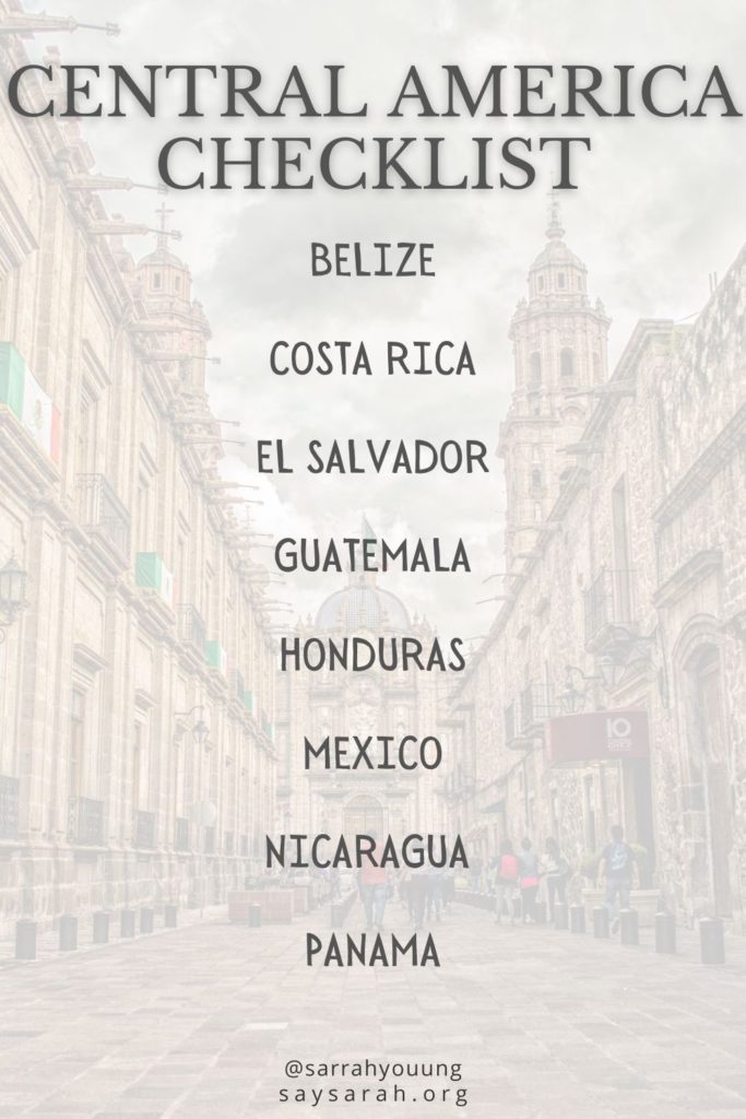 A pinnable image to represent the blog titled "Central America Checklist" with a list of all 8 countries.