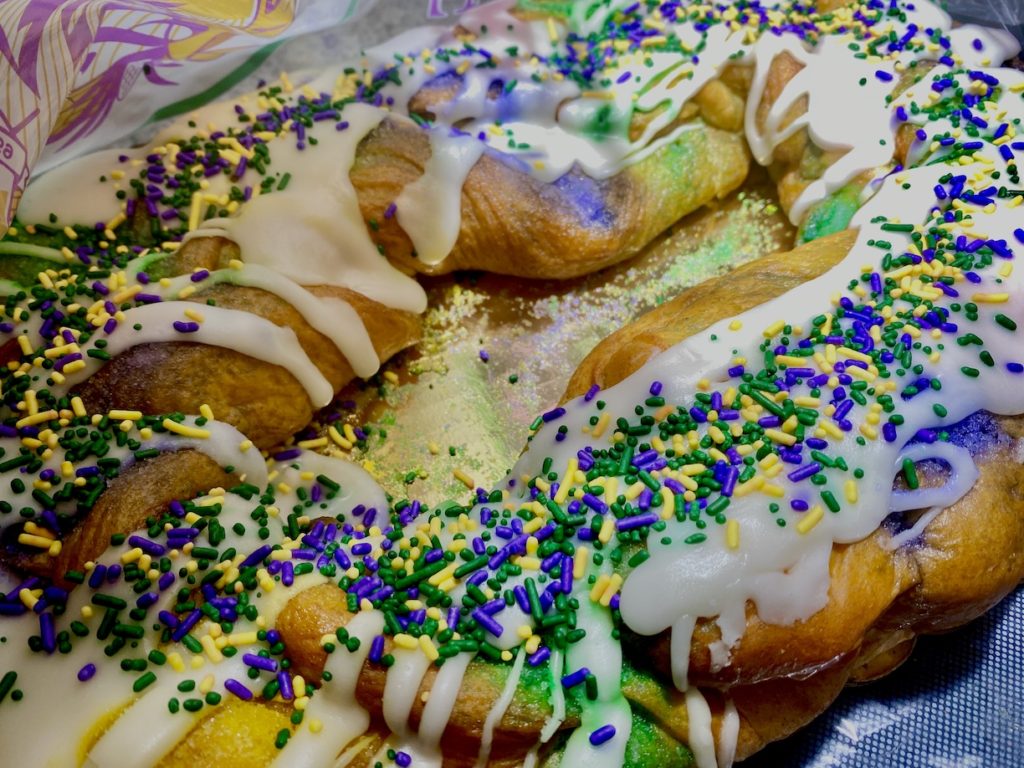 A famous King Cake from New Orleans during Mardi Gras.