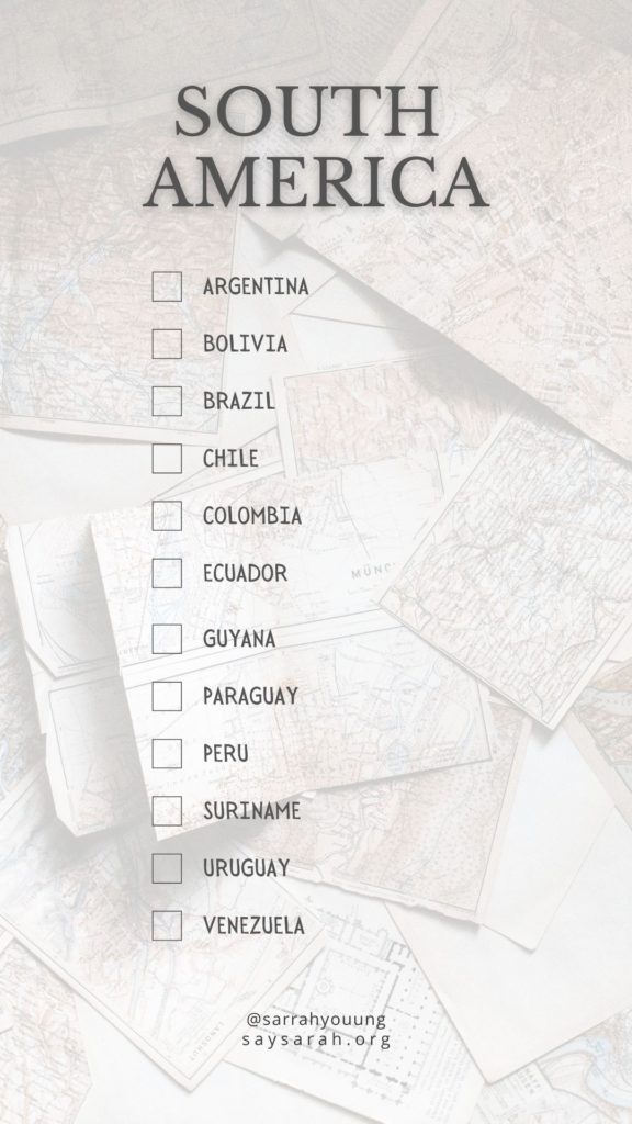A checklist listing all of the countries that make up South America.